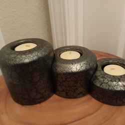 A Set Of 3 PartyLite Rustic Gray Metal Candle Holders of Varying Heights