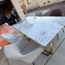 Modern Marble-Style Dining Table with Gold Base