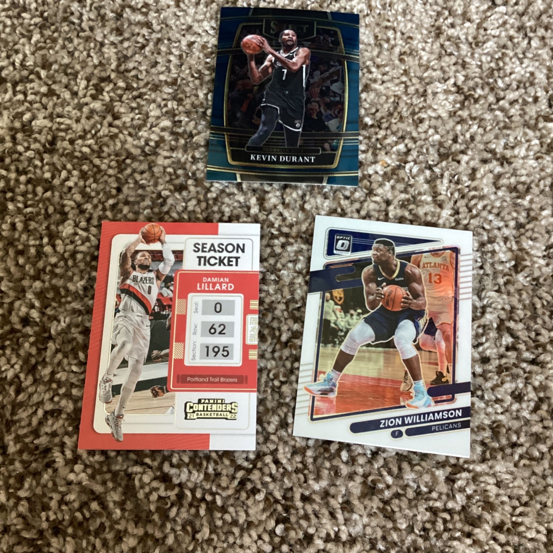 3 Basketball Cards- Zion Williamson,Damian Lillard,and Kevin Durant