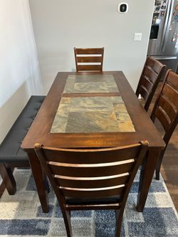 Dining Table Set w/ Slate Tile Inlay - Table, Bench, & 4 Chairs