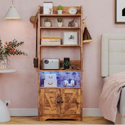 LIKIMIO 55.1" Tall Nightstand with LED Lights and Charging Station, Bedside Table and Bookshelf 2 in 1, End Side Stand with Storage Cabinet, Vintage B