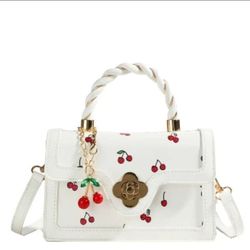 Chic White Cherry-Print Handbag