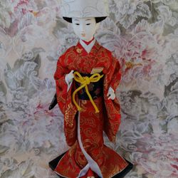 ❤️ AUTHENTIC VINTAGE HANDMADE JAPANESE PORCELAIN DOLL IN RED KIMONO! 🥡❤️🍜 Size Large: 15"