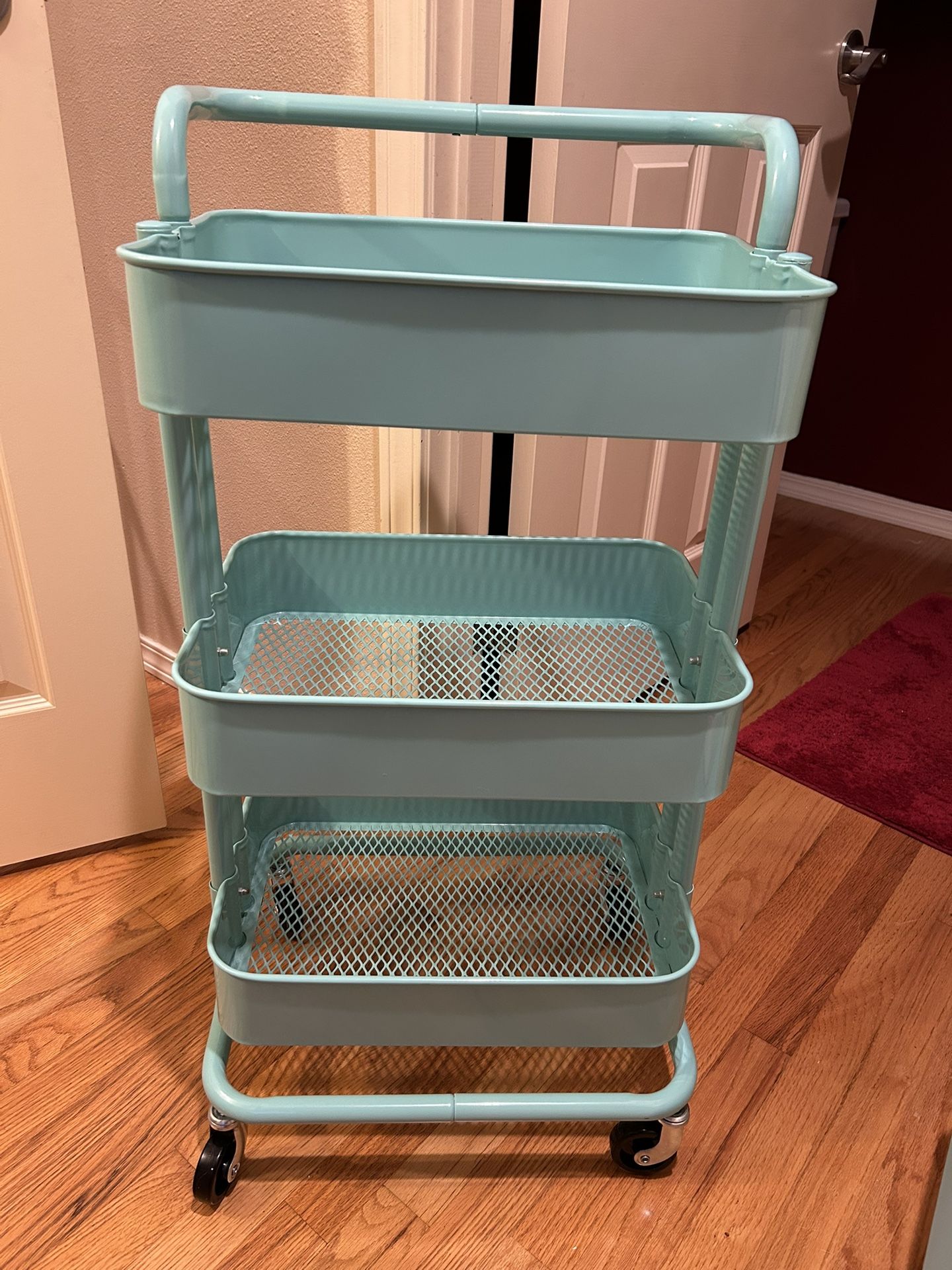 3 Tier Mesh Utility Cart, Rolling Metal Organization Cart with Handle and Lockable Wheels, Multifunctional Storage Shelves for Kitchen Livin