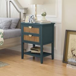 2 Drawers End Table for Living Room, Rattan Nightstand Bedside Table with Metal Handles for Living Room, Bedroom, Small Place(Green)