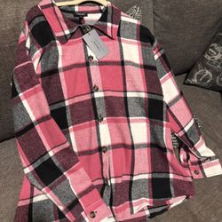 Brand New With Tags PINK & BLACK PLAID FLANNEL SHACKET Size Large, Relaxed Fit, Shirt + Jacket = Shacket,