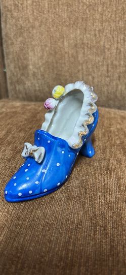 Blue polka dot ceramic shoe figurine Made in Japan