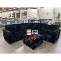 Black Corduroy Sectional Sofa With Ottoman