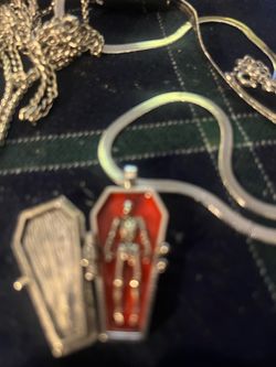 Coffin Locket Pendant Necklace with Skeleton 2 bars necklace and 1spike necklace
