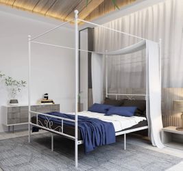 Twin White Canopy Bed With Memory Foam Mattresss