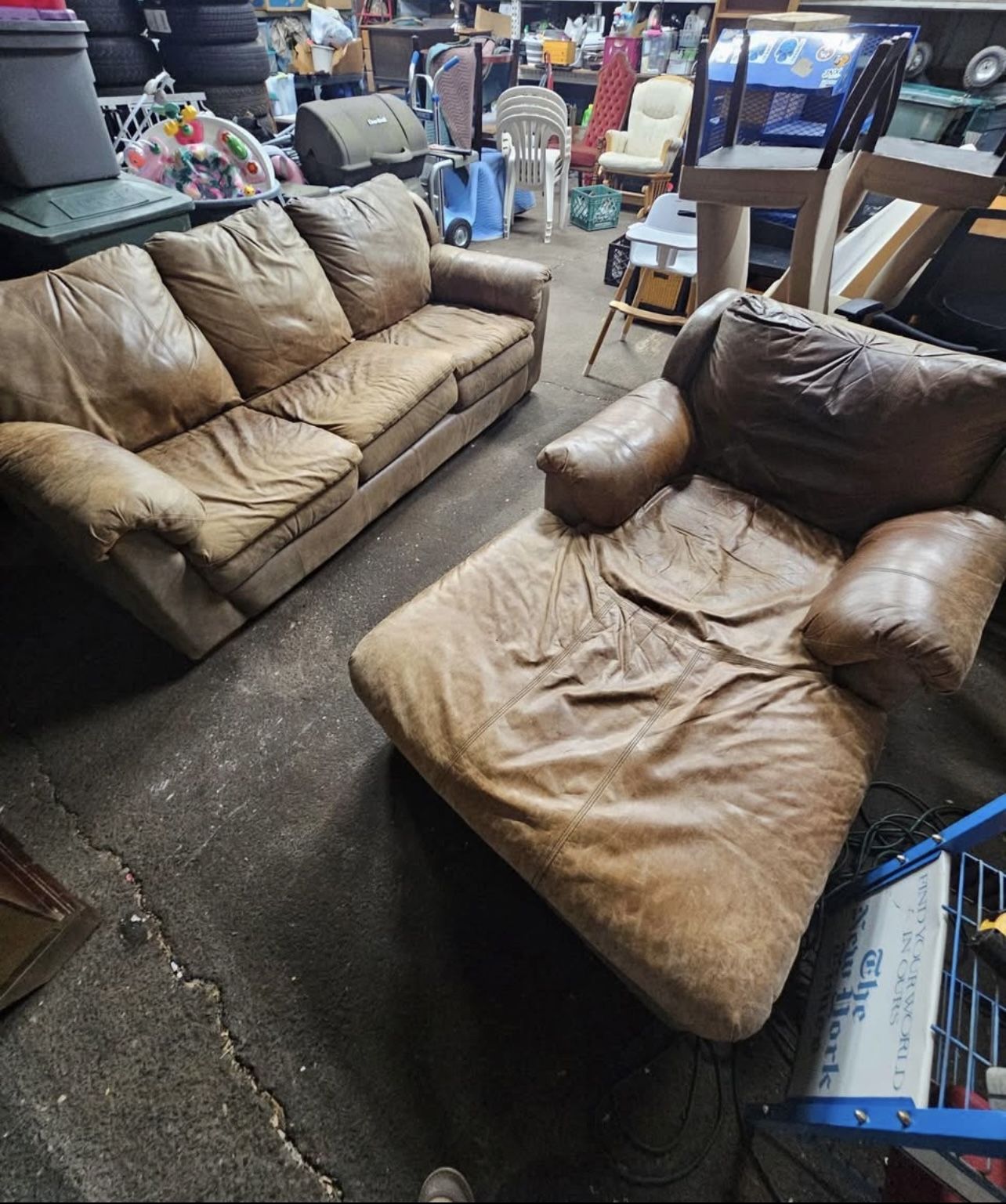 Brown Distressed Leather Couch And Chaise 