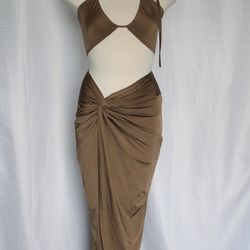 SHEIN Tan Ruched Halter 2 Piece Set XS Split Skirt