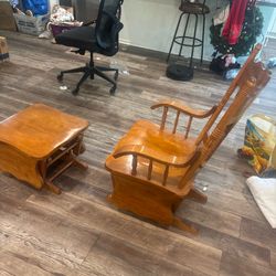 Vintage Oak Platform Rocker Glider Chair & Ottoman Footstool Carved Back PICKUP
