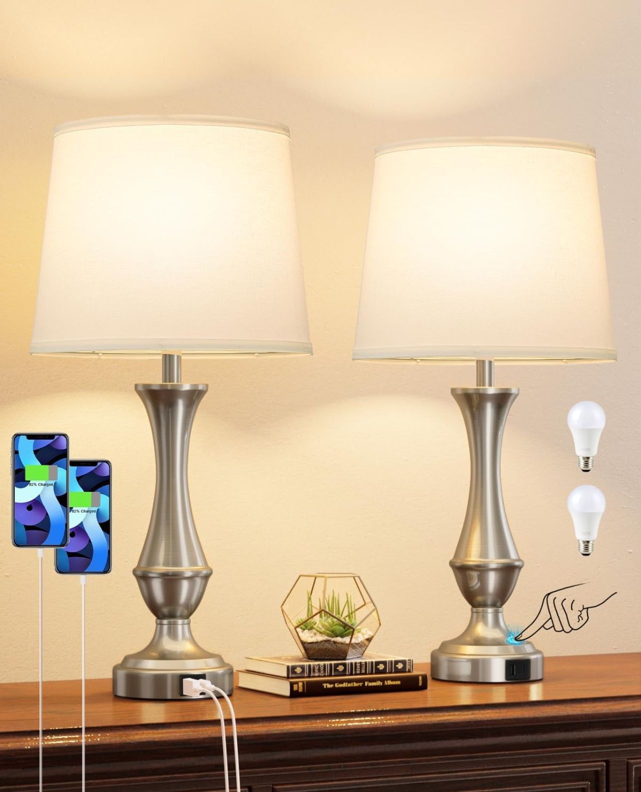 22" Touch Table Lamps Set of 2 with USB C+A, 3 Way Dimmable Silver Bedside Bedroom Living Room