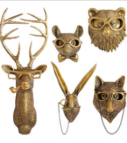 5 Pcs Animal Heads Wall Decor, Gold Faux Deer Head Mount, Animal Sculptures Wall Decor, Vintage Resin Hanging Decoration for Living Room Bedroom Kit