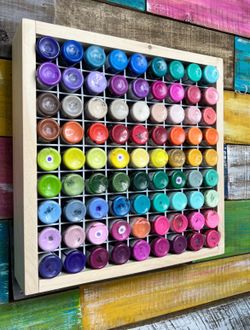 Acrylic paint storage holder solid wood handmade by artisan in USA holds 81 bottles