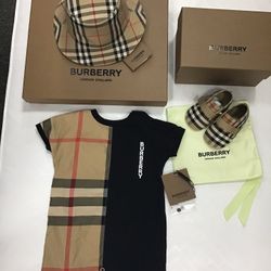 New With Tags Designer 3 Piece Burberry Romper With Hat And Shoes. Size 3 Months. 