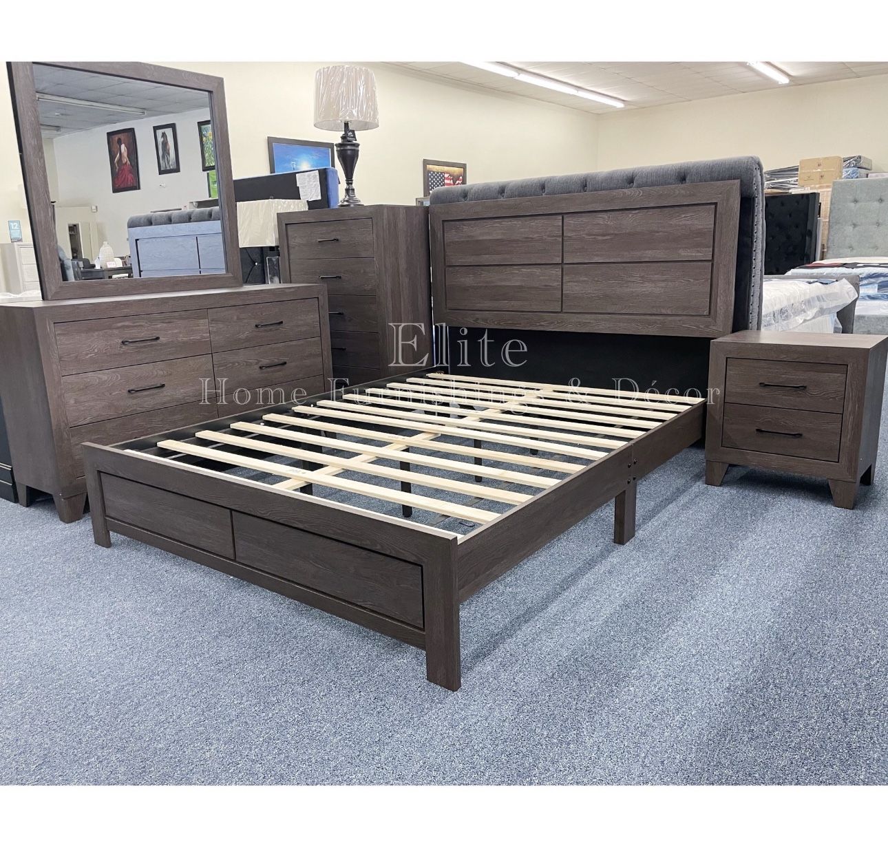 Queen Gray Bedroom Set ( Bed Frame Dresser Mirror And One Nightstand)
