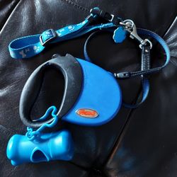 Blue Small Dog Collar, Retractable Leash, & Poop Bag Holder