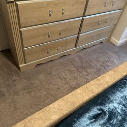 Queen bed and mattress. Dresser to match bed. Two barstools