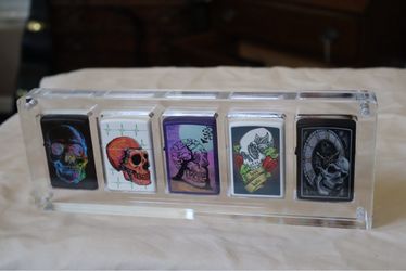 5 NEW ZIPPO LIGHTERS + ORIGINAL BOXES + ACRYLIC DISPLAY CASE — $94