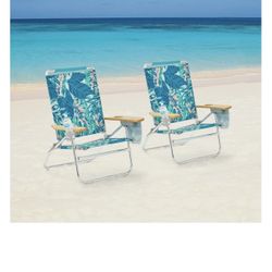 2-Pack Mainstays Wood Arm Reclining Comfort Height Beach Chair, Green Palm
