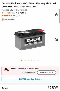 BRAND NEW DURALAST PLATINUM H8 AGM BATTERY