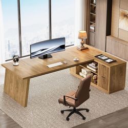 78-Inch L-Shaped Executive Desk, Large Corner Computer Desk with File Cabinet and Shelves, Business Furniture Workstation for Home & Office