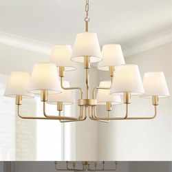 Farmhouse Chandeliers for Dining Room with White Fabric Shades,33”Gold Light Fixture Chandelier,9-Lights entryway chandelier for foyer,2 Tiered Lanter