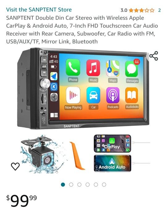 SANPTENT Double Din Car Stereo with Wireless Apple CarPlay & Android Auto, 7-Inch FHD Touchscreen Car Audio Receiver with Rear Camera, Subwoofer, Car 