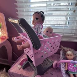 Pink Shopping Cart For Girls And Dolls W/car Seat 