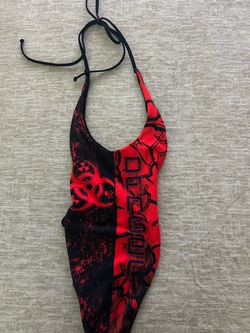 Red and Black Graphic Halter One-Piece Swimsuit
