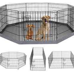Foldable Metal Dog Exercise Pen/Pet Puppy Playpen Kennels Yard Fence Indoor/Outdoor 8 Panel 24" W x 24" H with Bottom Pad (with Bottom pad, 8 Panels 2