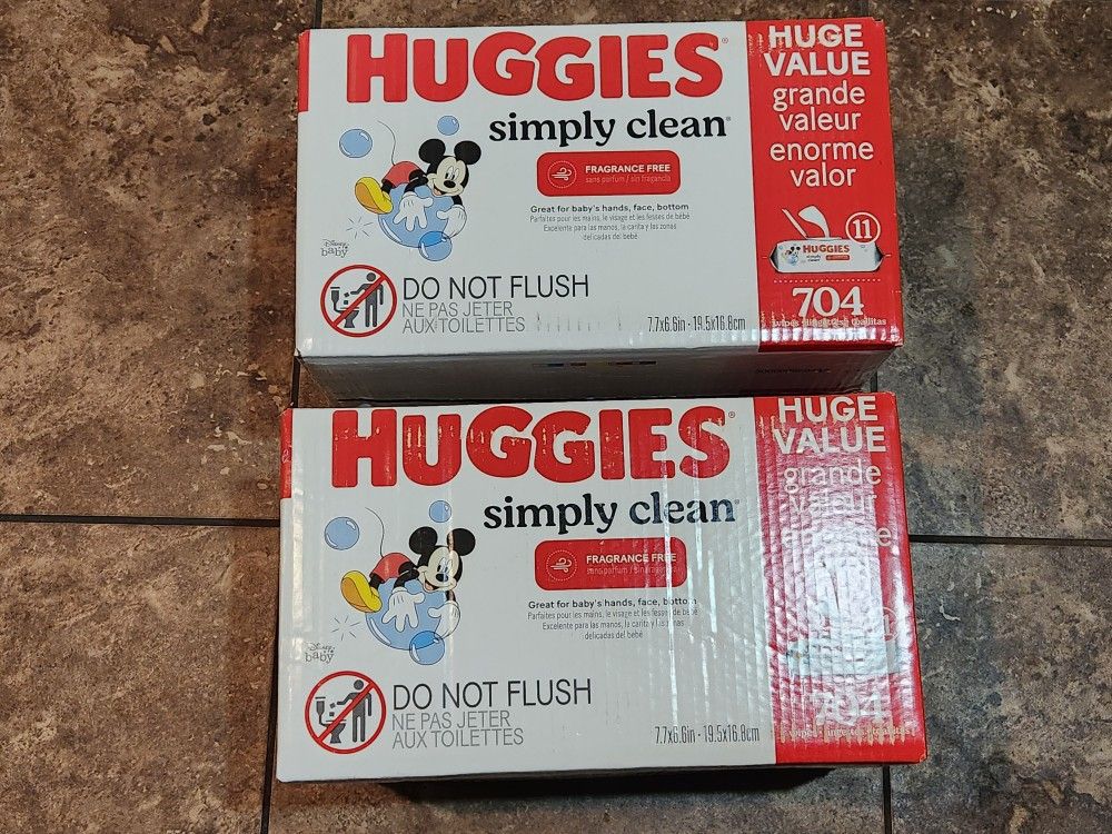 Brand New Boxes Of Huggies Simply Clean Fragrance Free Baby Wipes 704 Count