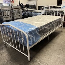 BRAND NEW Twin White Bed Frame With Mattress, Metal Platform 
