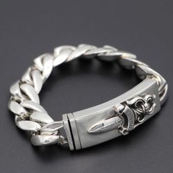 Chrome Bracelet Hearts/Dagger/Religion Cross True Silver Thick Wide 