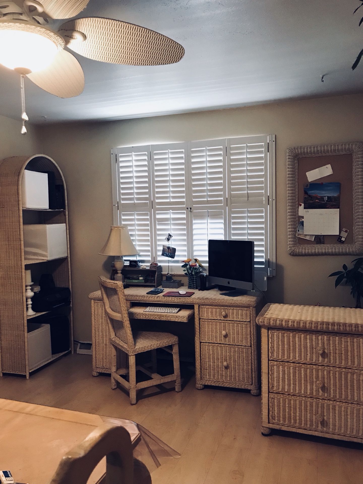 Desk, chair, shelf, bulletin board and storage cabinet