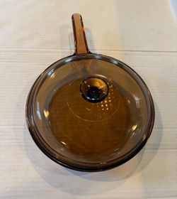 Vtg Corning Vision Ware 10" Frying Pan waffle Bottom W/ PYREX Lid, Skillet Amber