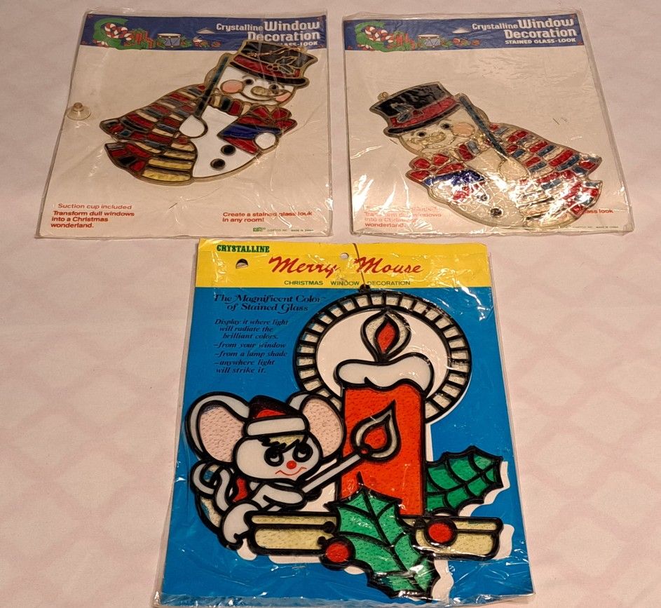 Vintage Christmas Window Hangings Stained Glass Look Merry Mouse & Snowman Crystalline Bundle