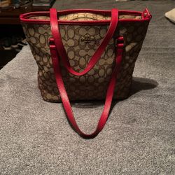 Coach Bag Tan Canvas Red Leather   good condition inside