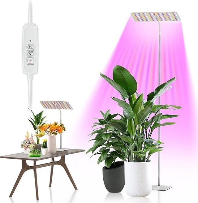 Grow Lights with Base, Full Spectrum Growing Light for Indoor Plants, 120 LEDs, 4 Dimmable Levels, Timer 4/8/12h, 12-60inches Height Adjustable,18w, I