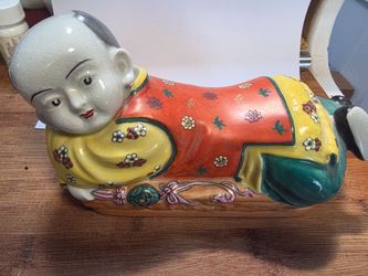 Vintage Hand-Painted Chinese Porcelain Pillow Boy Lidded Trinket Box