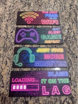 Set of 4 Gamer Wood Wall Signs Neon Gaming Decor 9.75x4”
