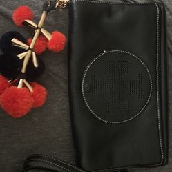 Tory Burch Perforated logo Fold over Crossbody Bag Clutch BLACK