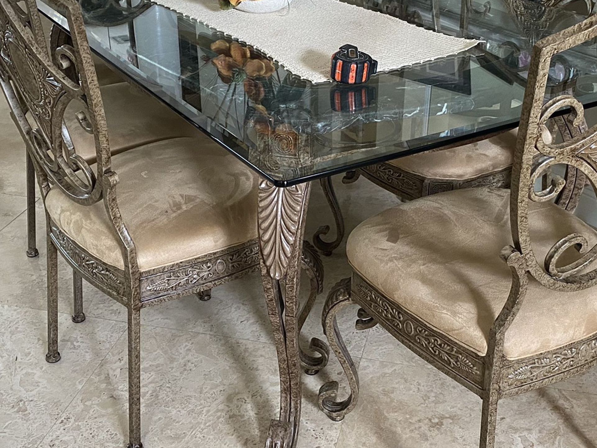 Glass Table On Granite And Metal Base With 10 Chairs