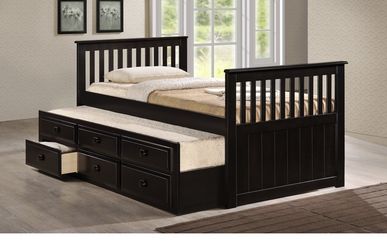 Twin Bed Frame With Trundle And Drawers In Cappuccino Or White Finish