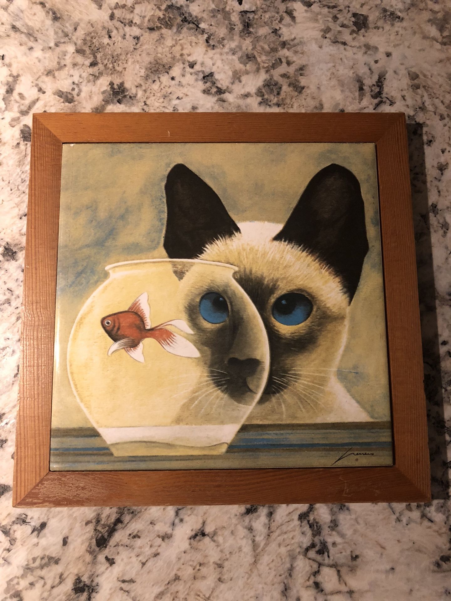 1987 Lowell Herrero 'Siamese cat and gold fish' Tile Art/Trivet