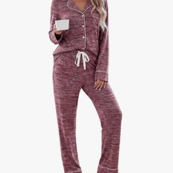 Aamikast Pajama Set for Women Button Down Soft Long Sleeve Pjs Sleepwear Sets (Red,XXL)