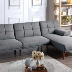 Brand New Light Grey Futon Sofa Sleeper + Chaise Lounge 