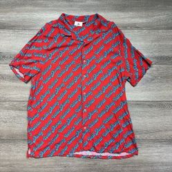 WALT DISNEY WORLD PARKS Men's XL Red Retro Spell Out Script Hawaiian Camp Shirt 